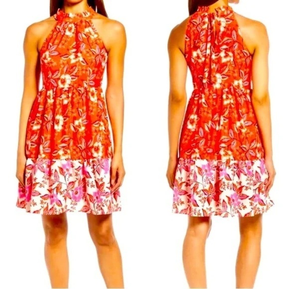 Eliza J Fit & Flare Halter Tiered Ruffle Dress Coral Floral - Picture 1 of 7